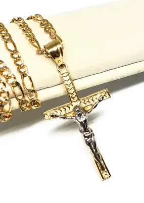 10k Solid Gold Yellow 2-Tone Jesus SMALL Cross Crucifix Pendant Necklace