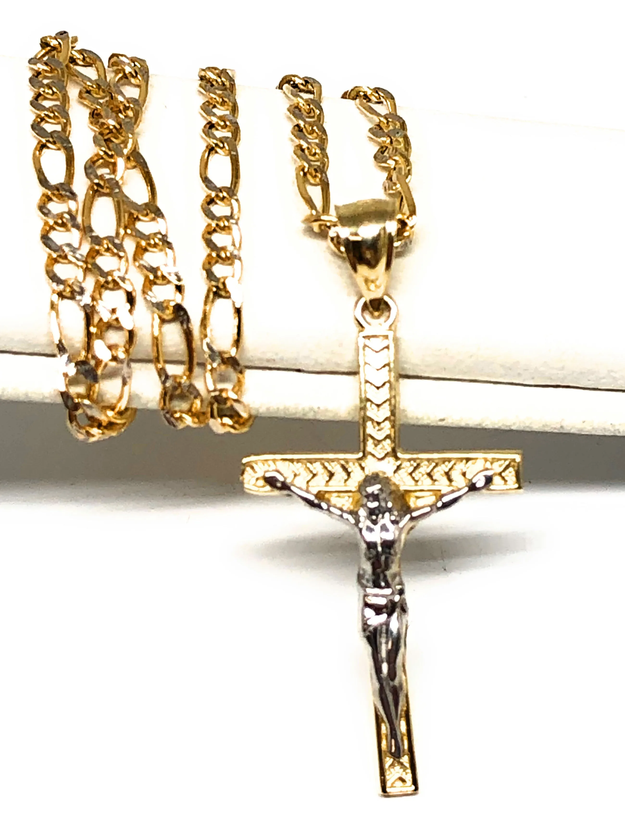 10k Solid Gold Yellow 2-Tone Jesus SMALL Cross Crucifix Pendant Necklace