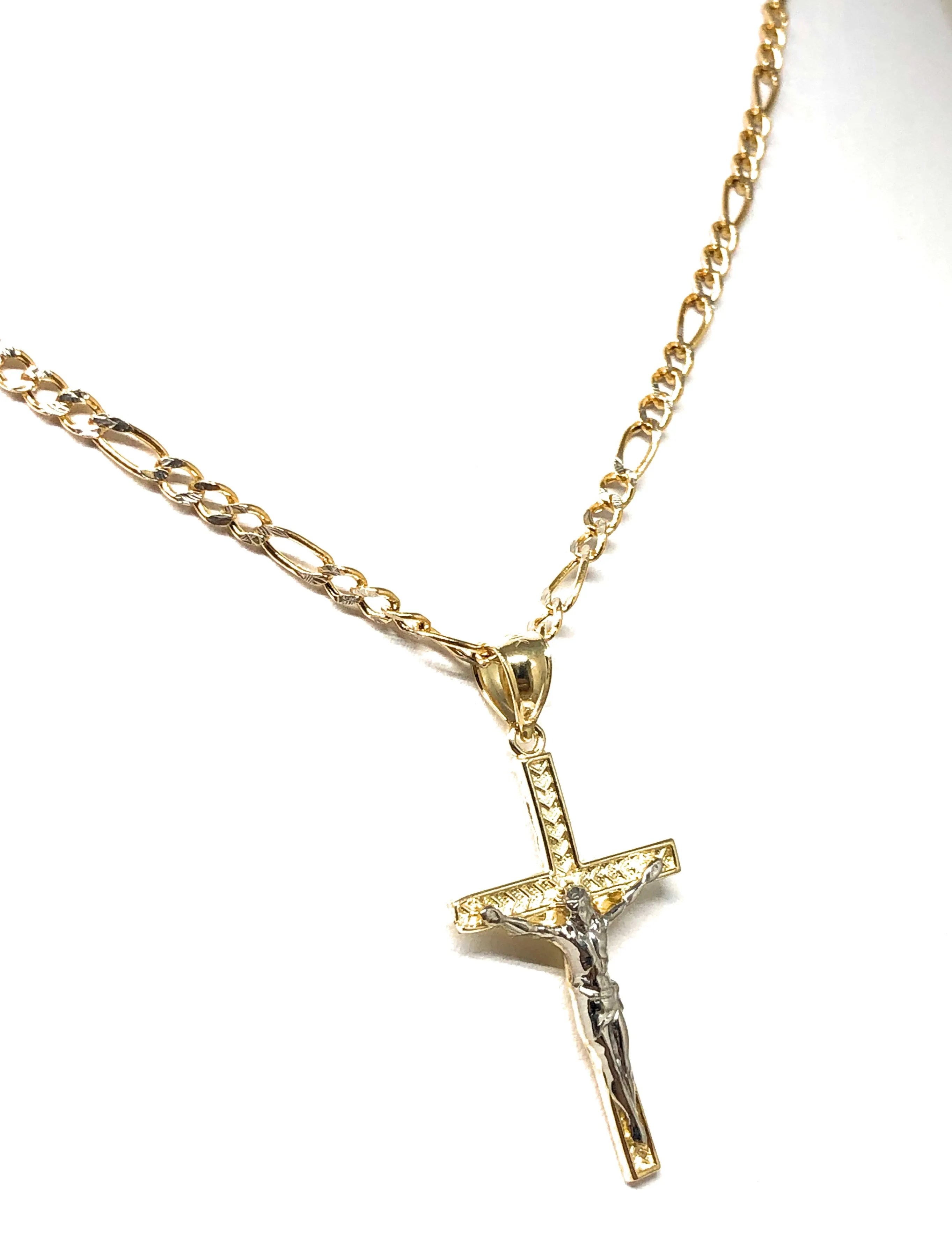 10k Solid Gold Yellow 2-Tone Jesus SMALL Cross Crucifix Pendant Necklace