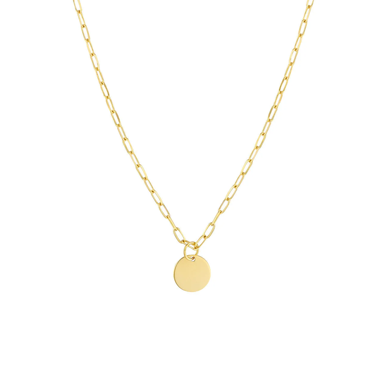 14K Yellow Gold Disk Pendant Paperclip Chain Necklace