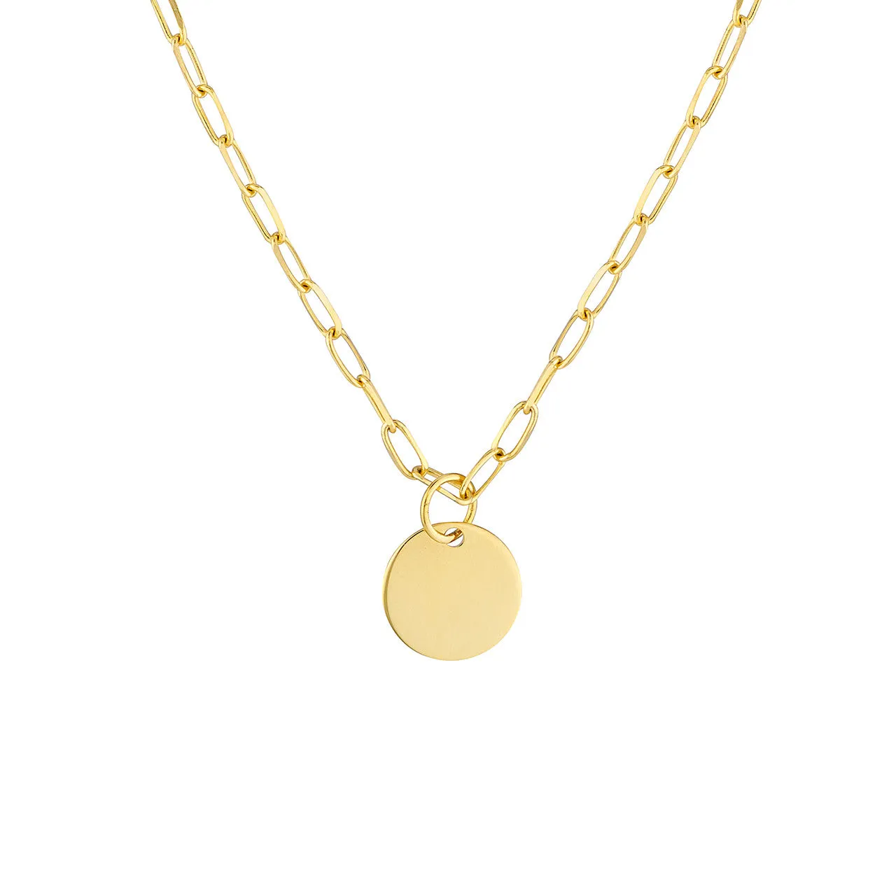 14K Yellow Gold Disk Pendant Paperclip Chain Necklace