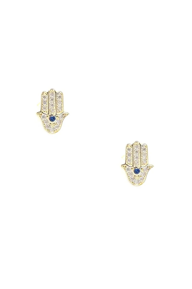 14k Yellow Gold Pavé Crystal Hamsa Studs Blue