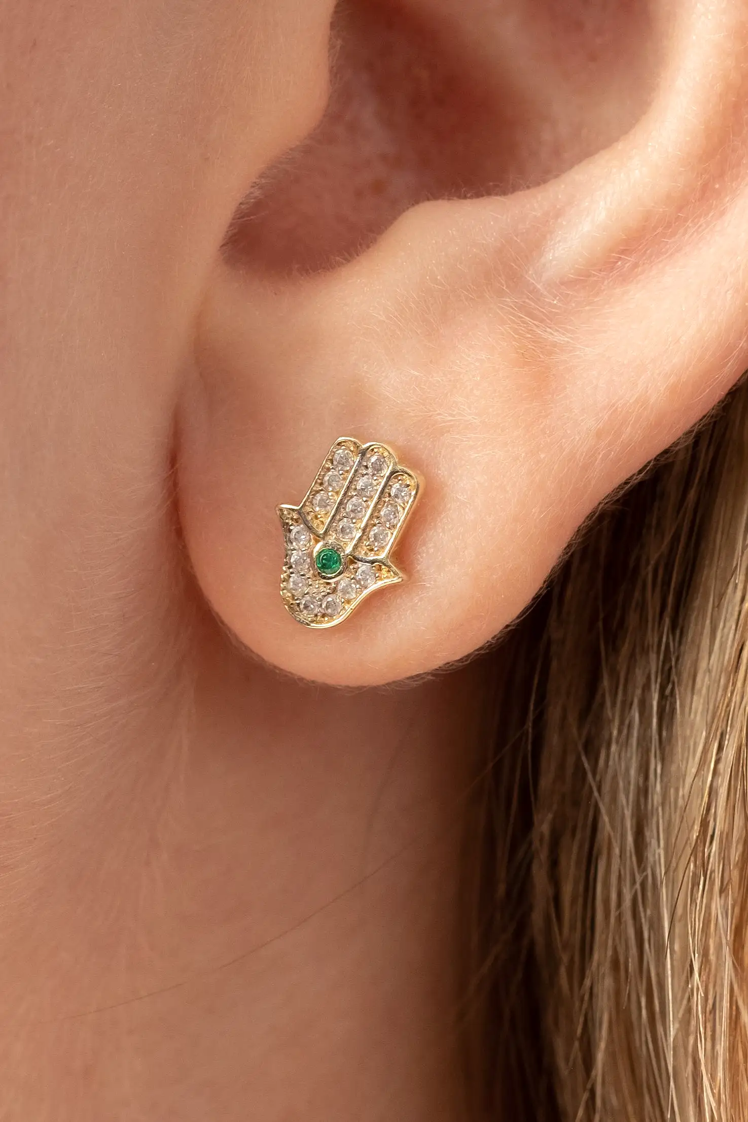 14k Yellow Gold Pavé Crystal Hamsa Studs Green