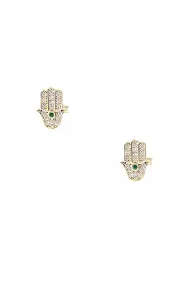 14k Yellow Gold Pavé Crystal Hamsa Studs Green