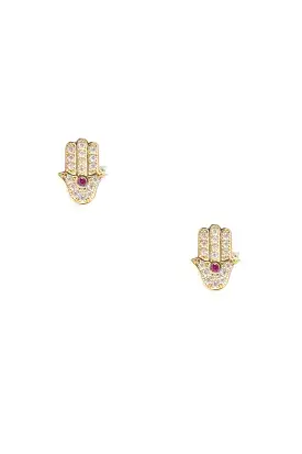 14k Yellow Gold Pavé Crystal Hamsa Studs Pink