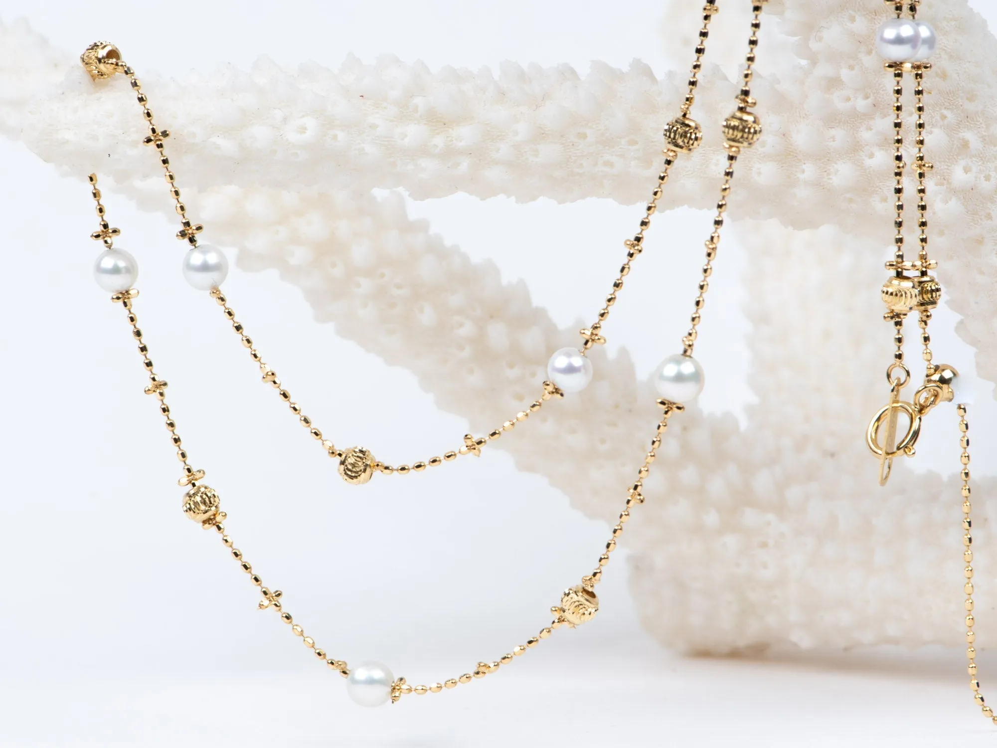 18K Gold Dainty Necklace with Diamond Cut Beads and Pearls R4609