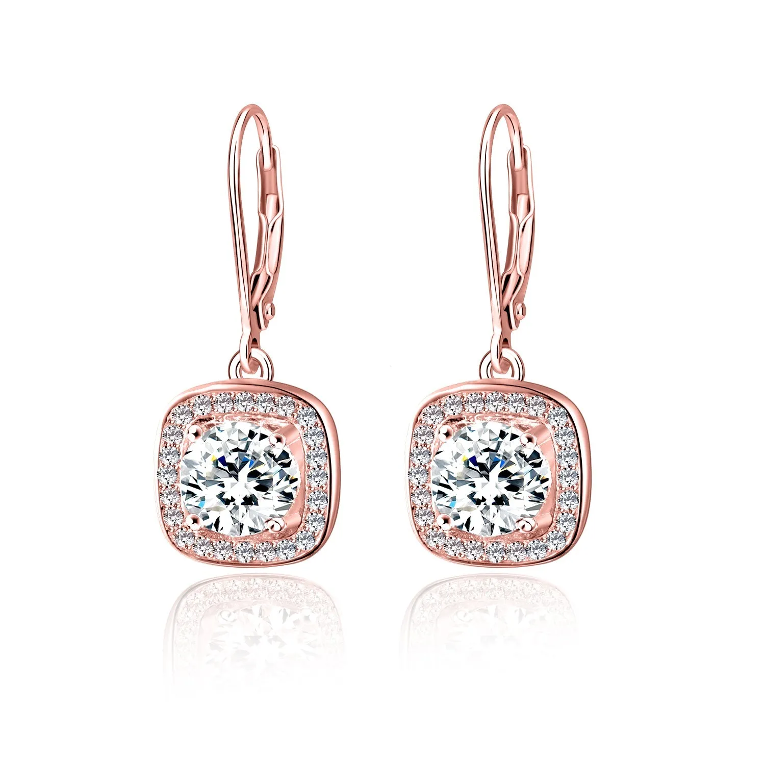 18K White Gold Square Halo Leaver-back Drop Earrings