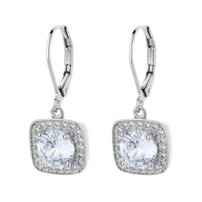 18K White Gold Square Halo Leaver-back Drop Earrings