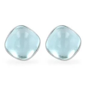 Big square  natural 15.20 CT natural aqua marine cabochon platinum bezel studs earrings-14080