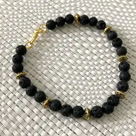 Black Lava and Gold Beaded Mens Bracelet