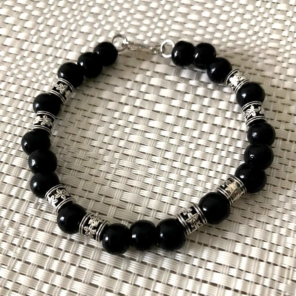 Black Wood and Silver Beaded Mens Bracelet