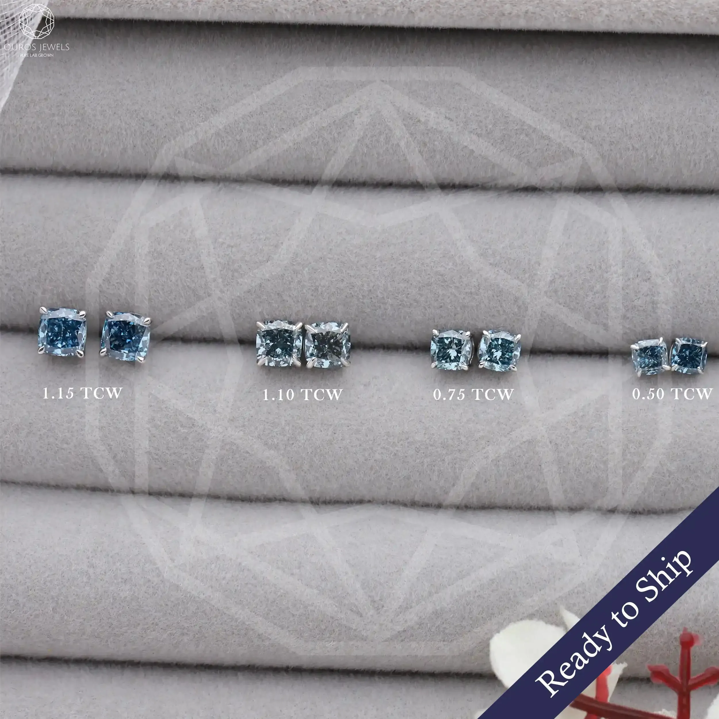 Blue Cushion  Lab Grown Diamond  Stud Earrings