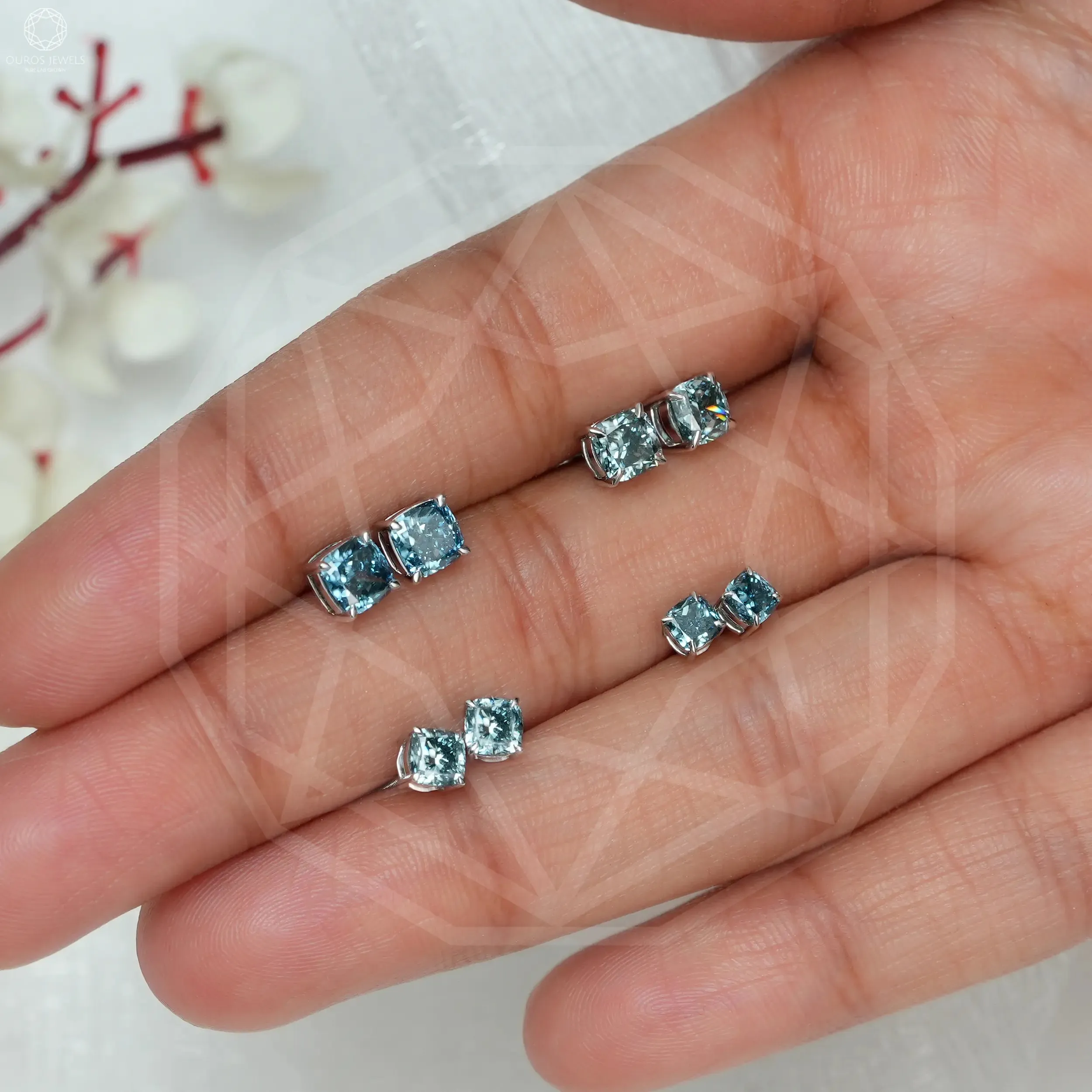 Blue Cushion  Lab Grown Diamond  Stud Earrings