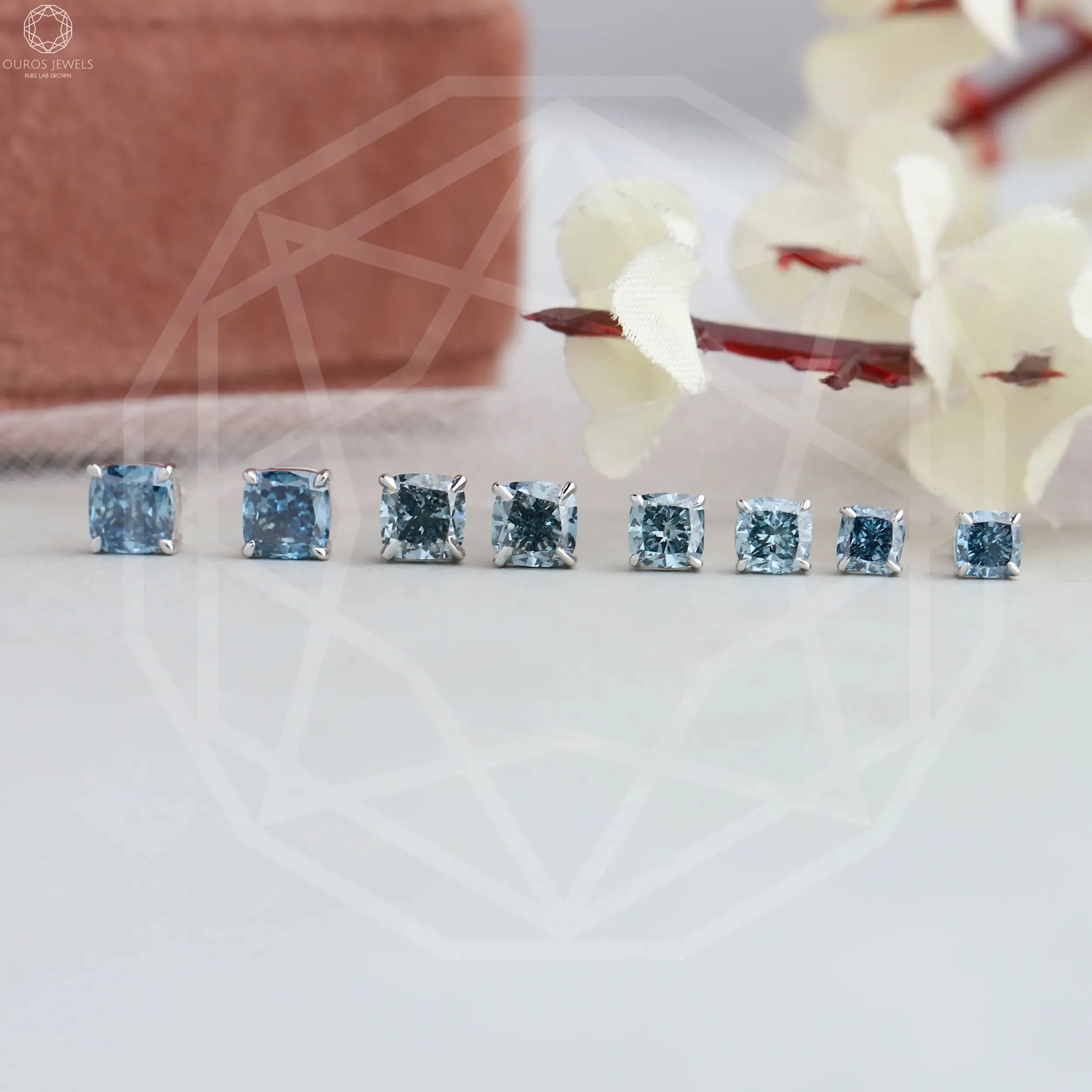 Blue Cushion  Lab Grown Diamond  Stud Earrings