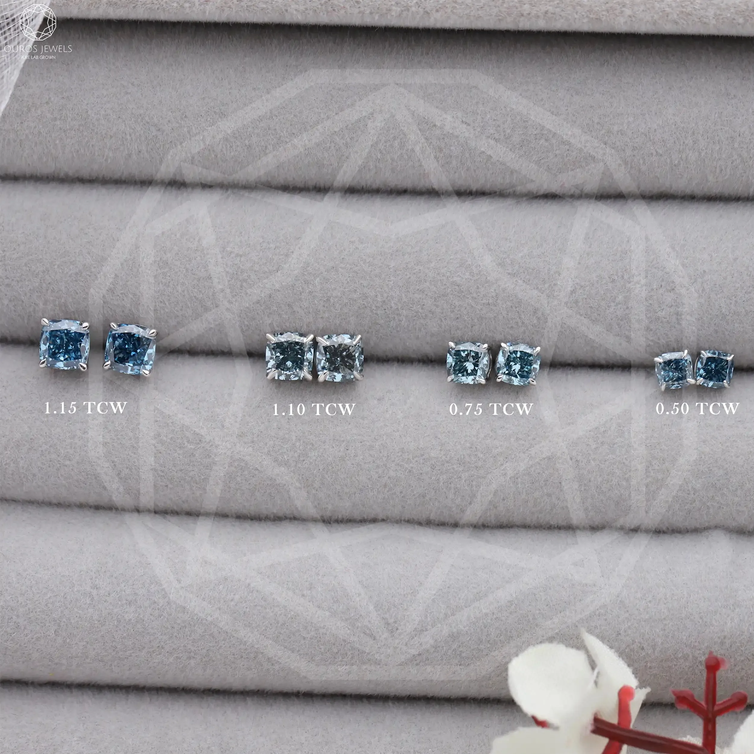 Blue Cushion  Lab Grown Diamond  Stud Earrings