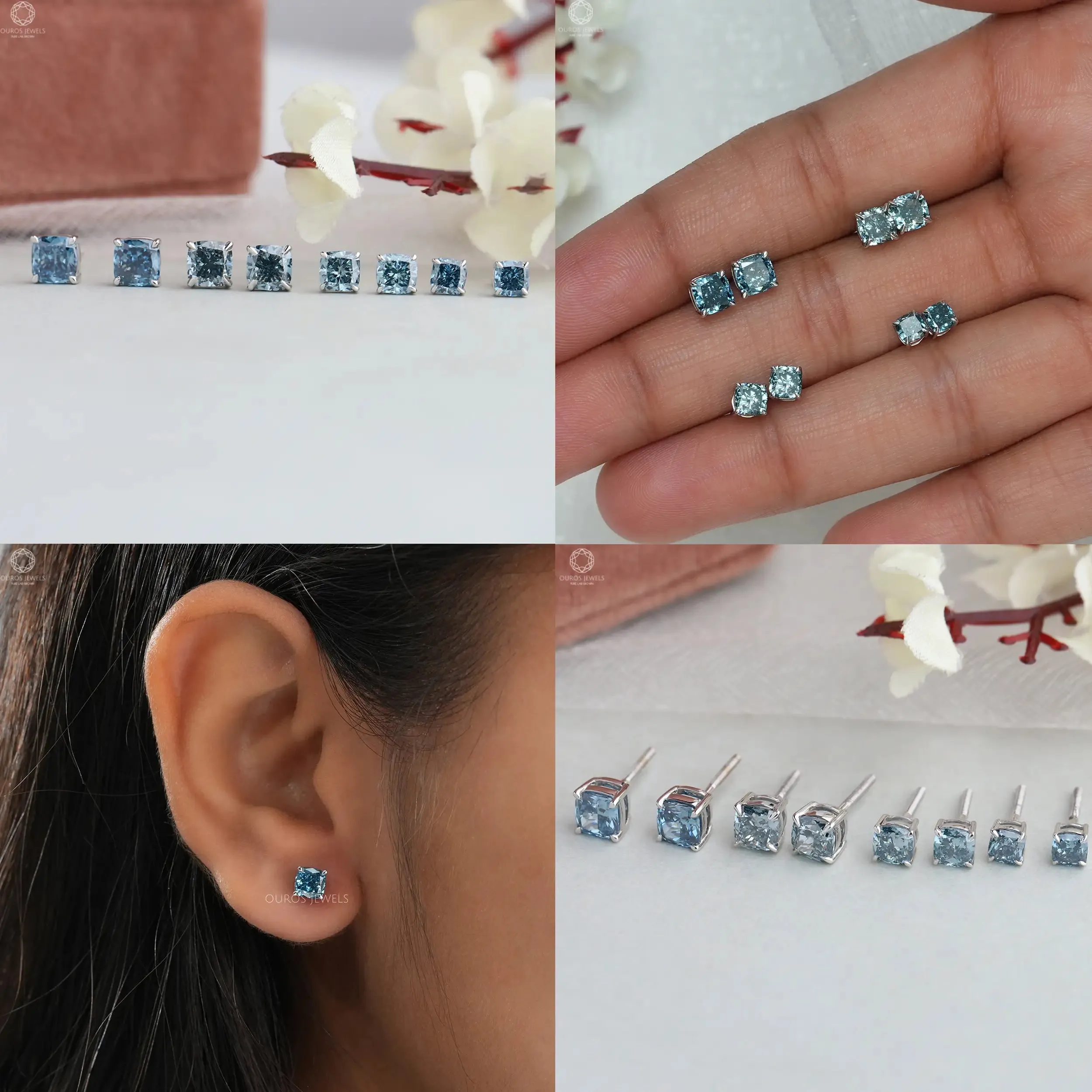 Blue Cushion  Lab Grown Diamond  Stud Earrings