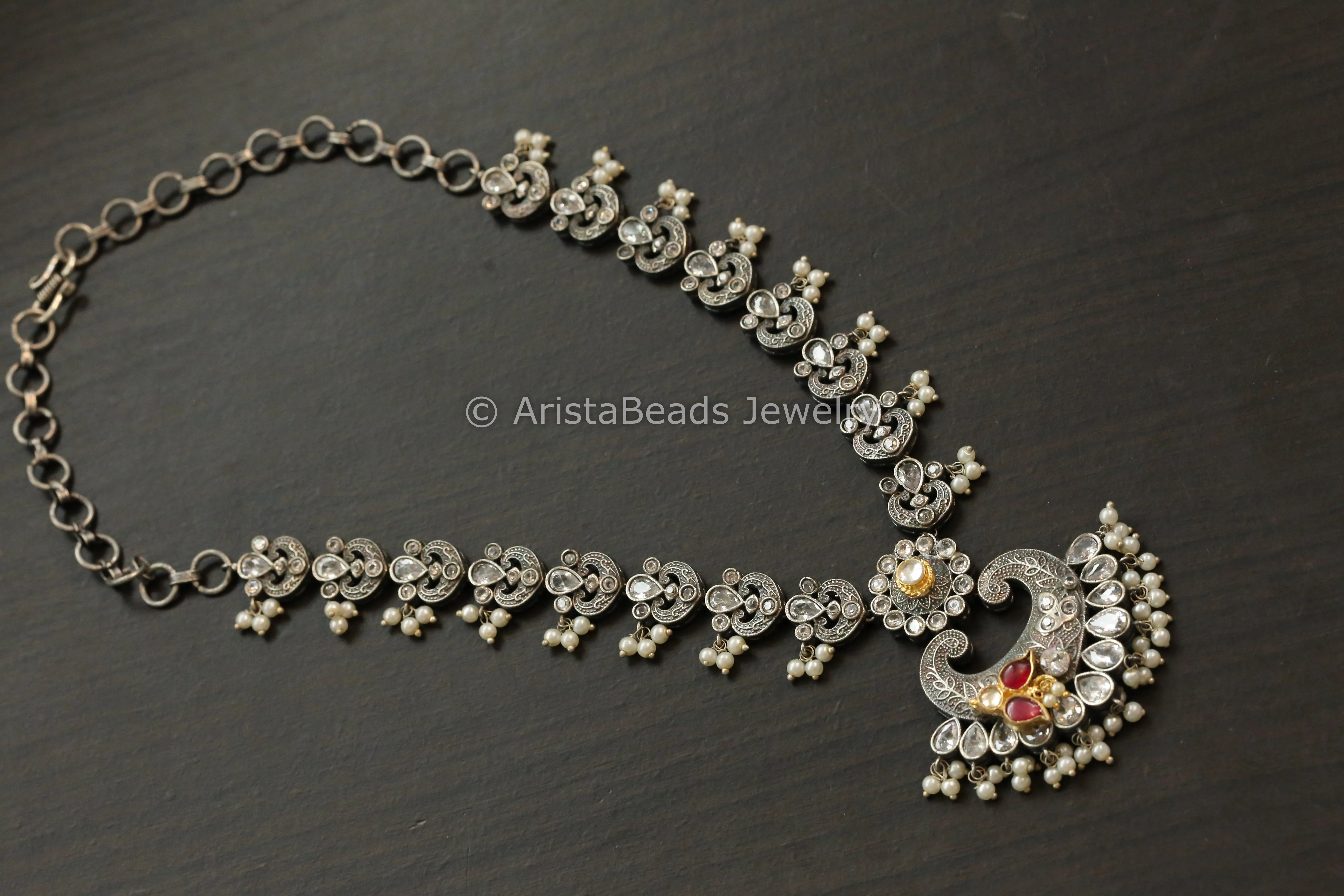 Clear CZ Oxidized Kundan Motif Necklace