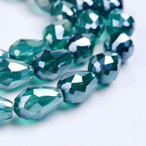 Crystal Glass Beads, Teardrop, Electroplated, Faceted, Cyan, AB, 15mm