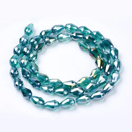 Crystal Glass Beads, Teardrop, Electroplated, Faceted, Cyan, AB, 15mm