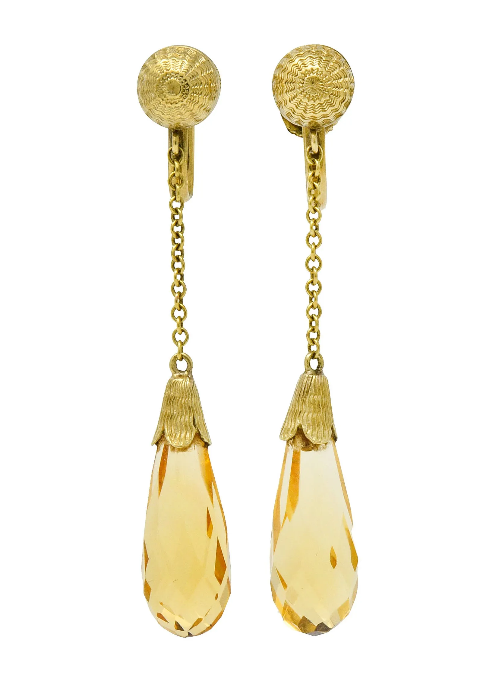 Day & Clark Victorian Citrine 14 Karat Gold Faceted Drop Screwback Earrings