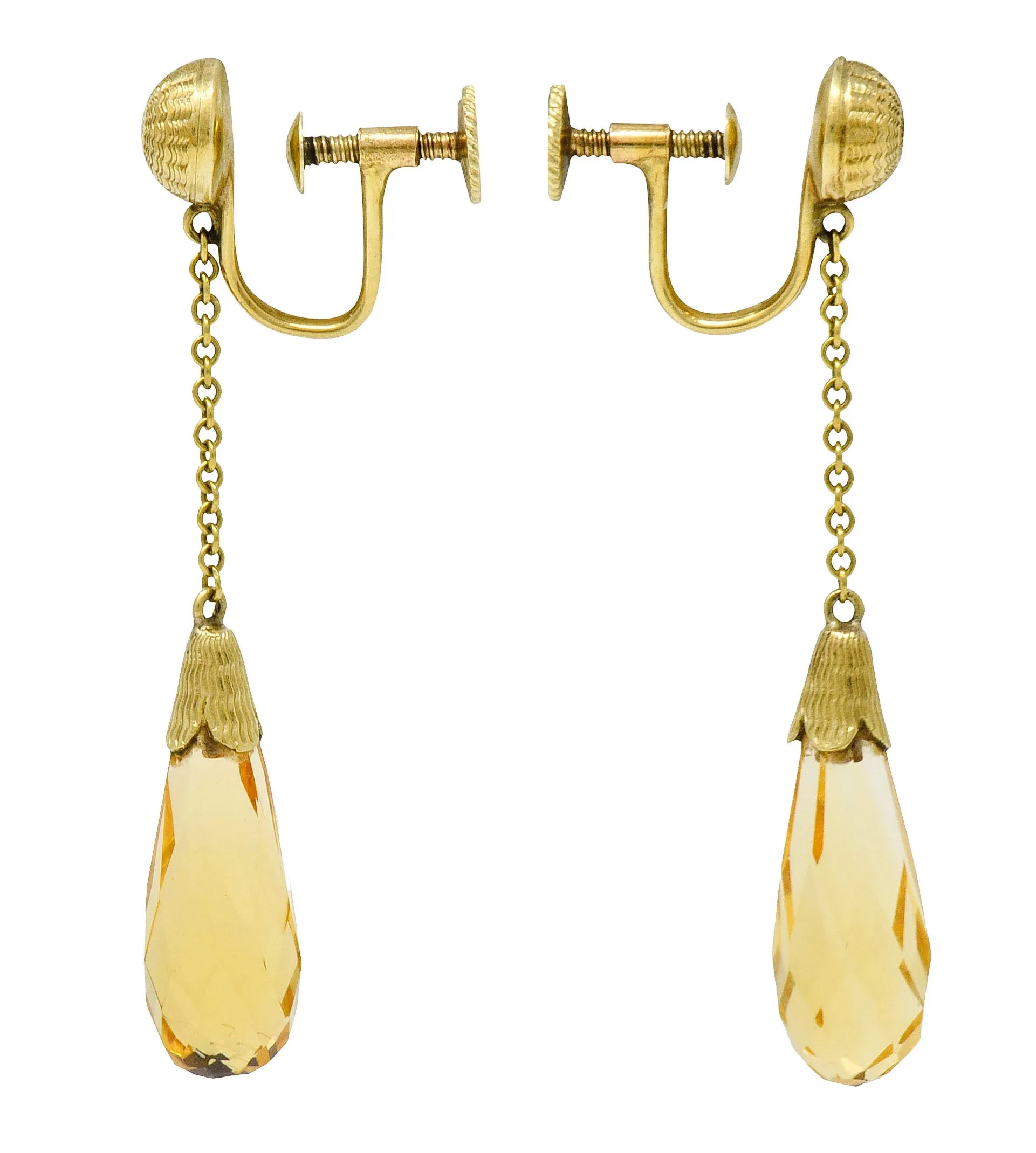 Day & Clark Victorian Citrine 14 Karat Gold Faceted Drop Screwback Earrings