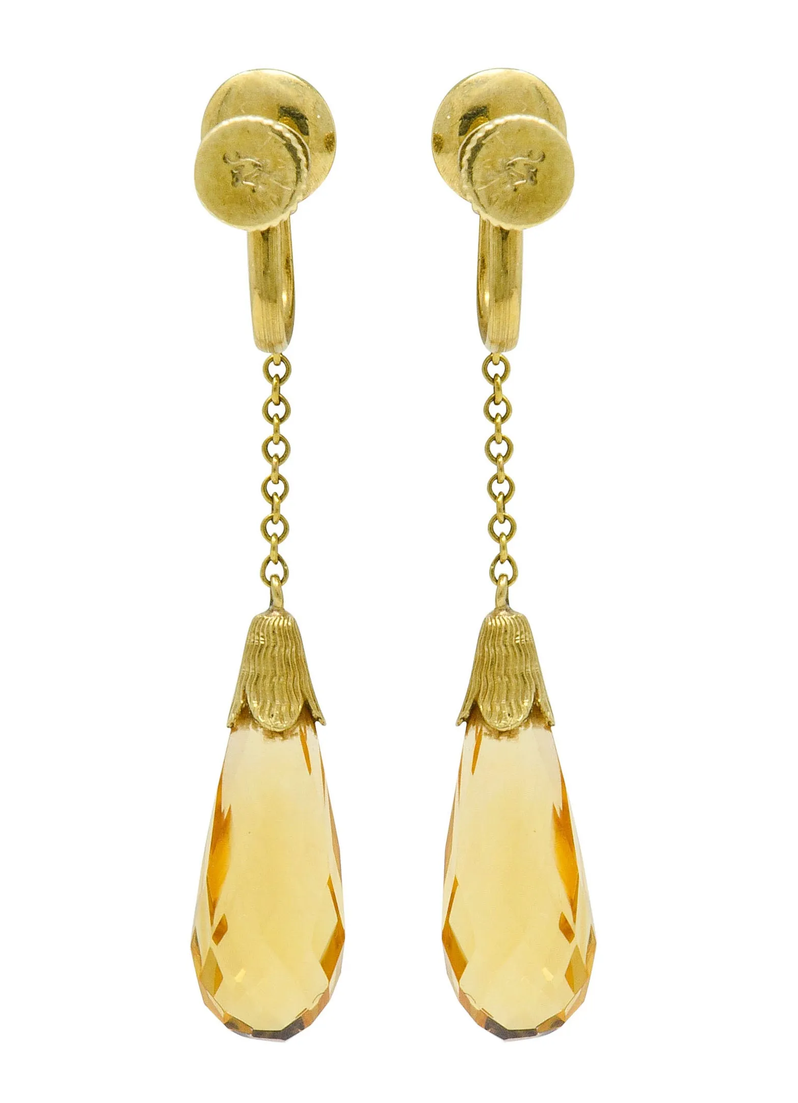 Day & Clark Victorian Citrine 14 Karat Gold Faceted Drop Screwback Earrings