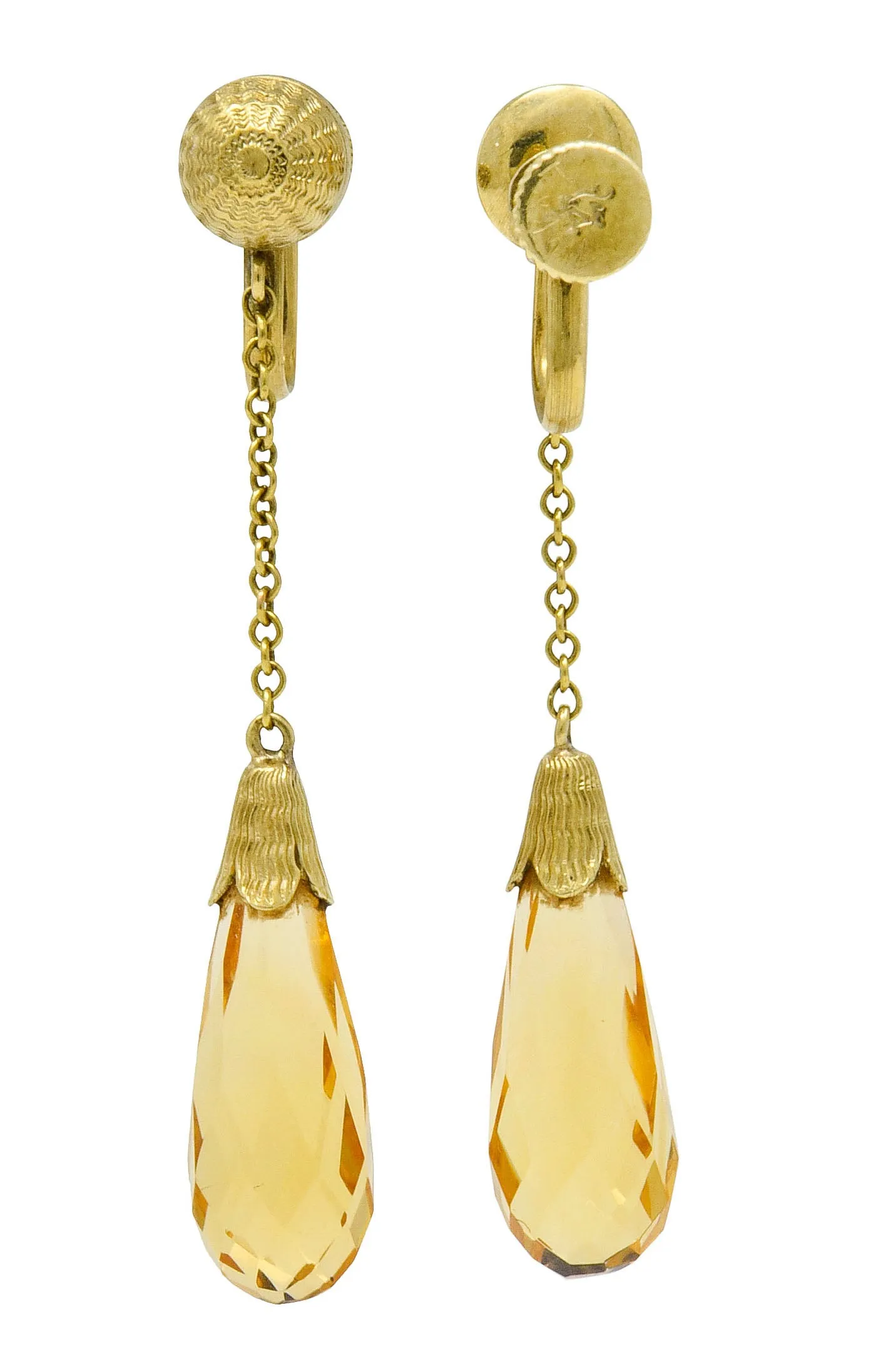 Day & Clark Victorian Citrine 14 Karat Gold Faceted Drop Screwback Earrings