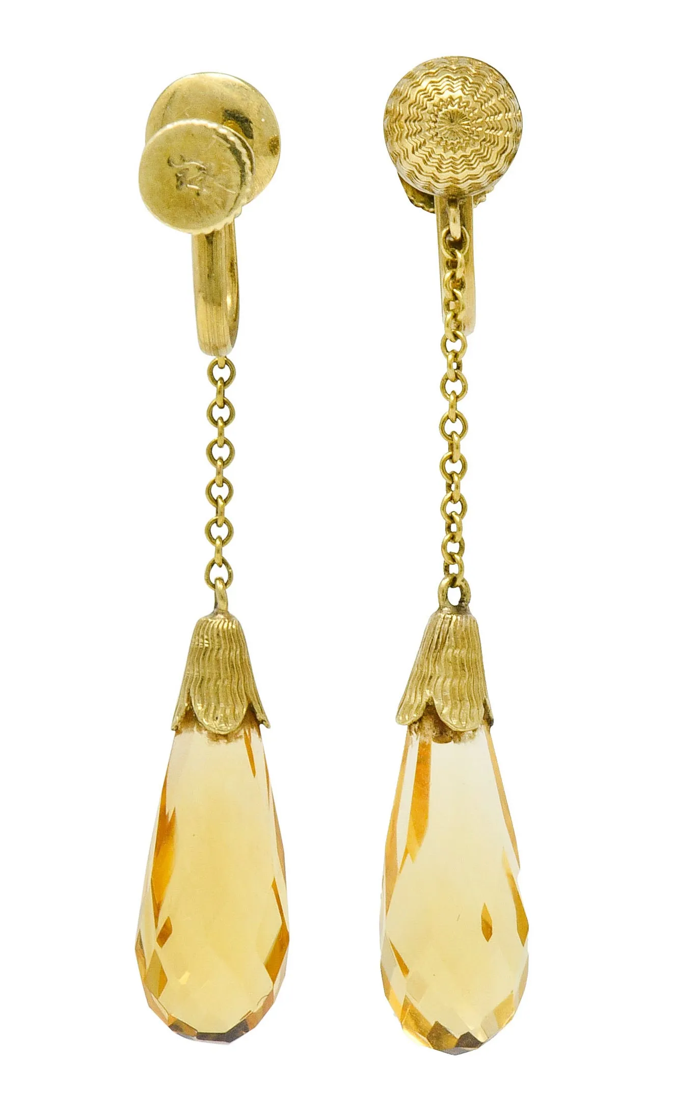 Day & Clark Victorian Citrine 14 Karat Gold Faceted Drop Screwback Earrings