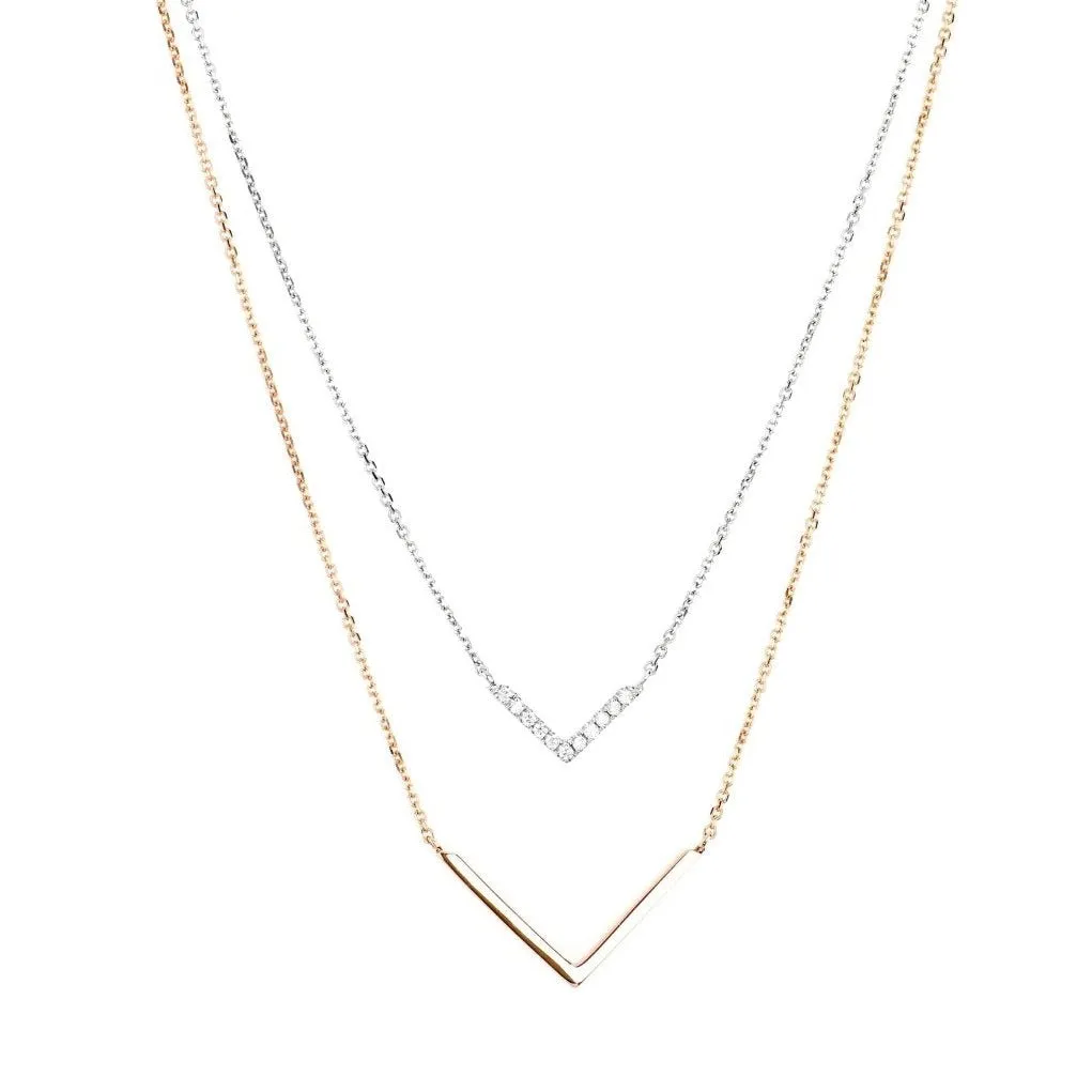 Diamond Double Chevron Necklace in Solid 14k Two-Tone White and Rose Gold