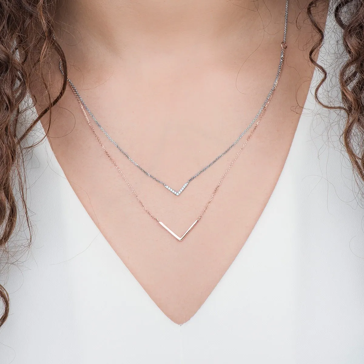 Diamond Double Chevron Necklace in Solid 14k Two-Tone White and Rose Gold