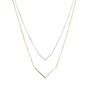 Diamond Double Chevron Necklace in Solid 14k Two-Tone White and Rose Gold