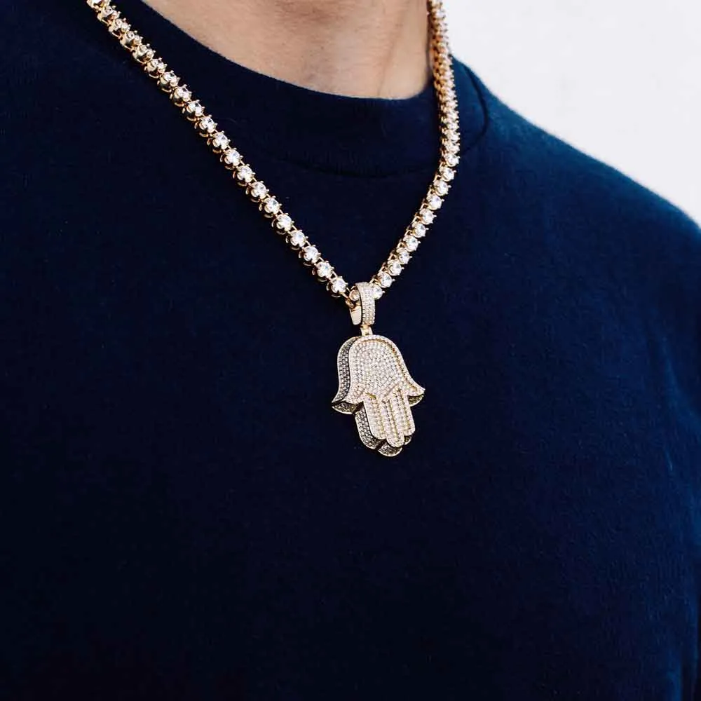 Diamond Hamsa Hand Necklace Pendant & Tennis Chain