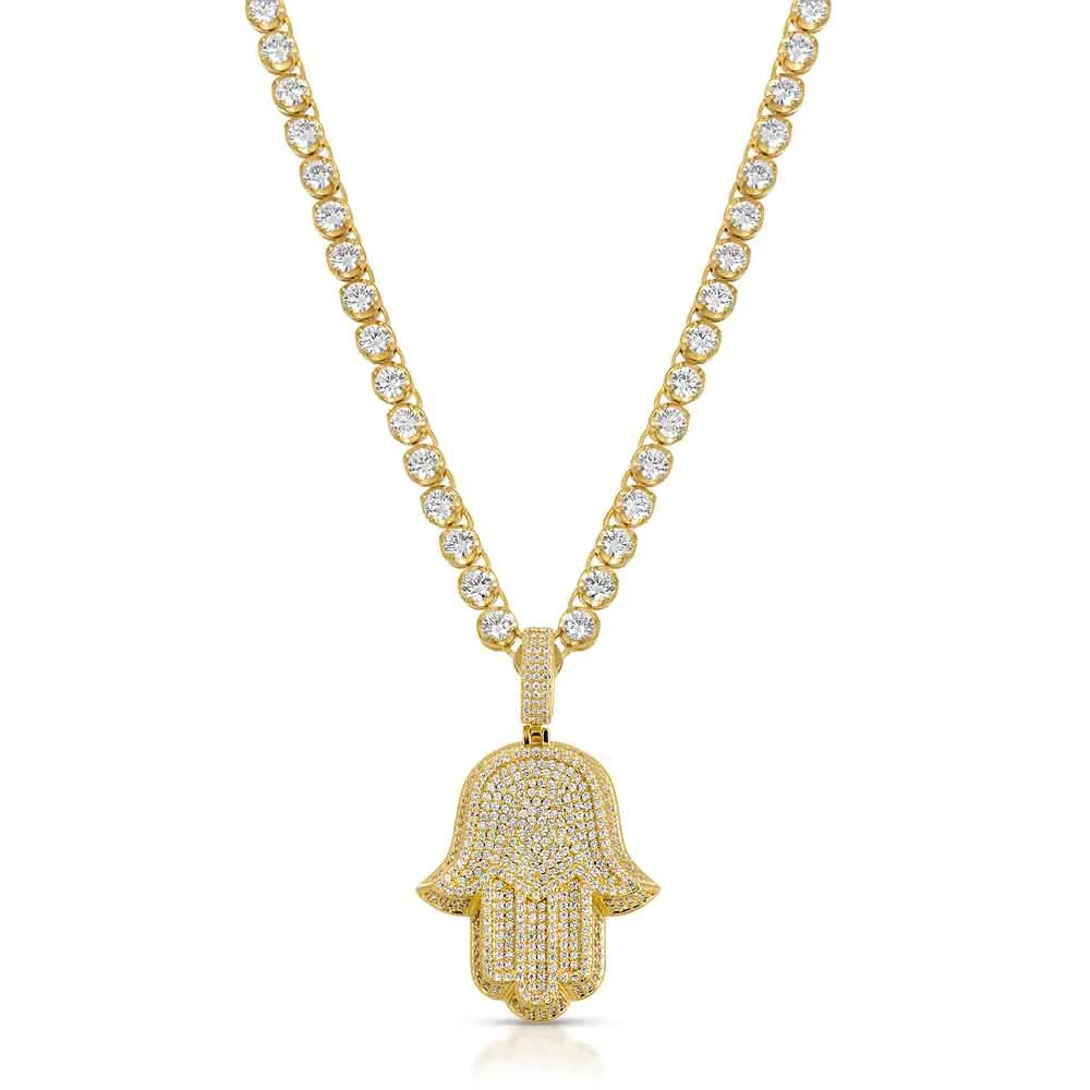 Diamond Hamsa Hand Necklace Pendant & Tennis Chain