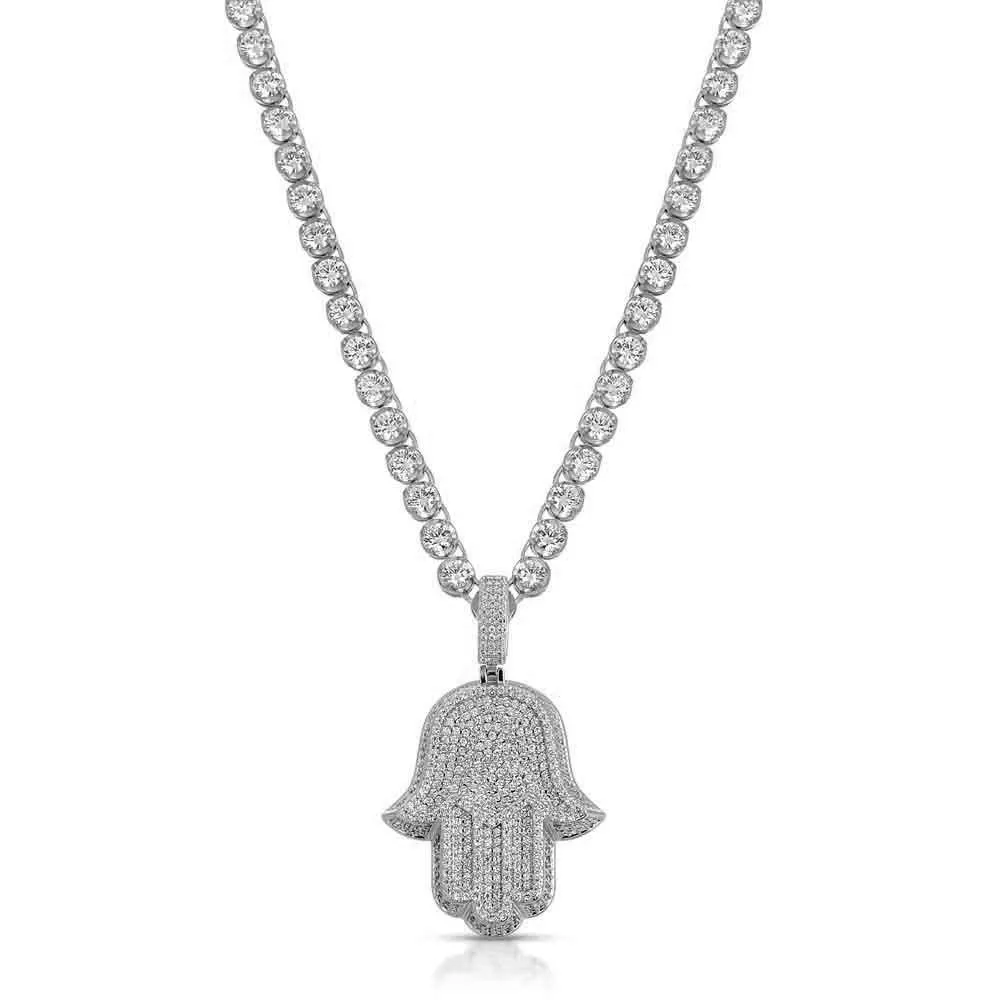 Diamond Hamsa Hand Necklace Pendant & Tennis Chain