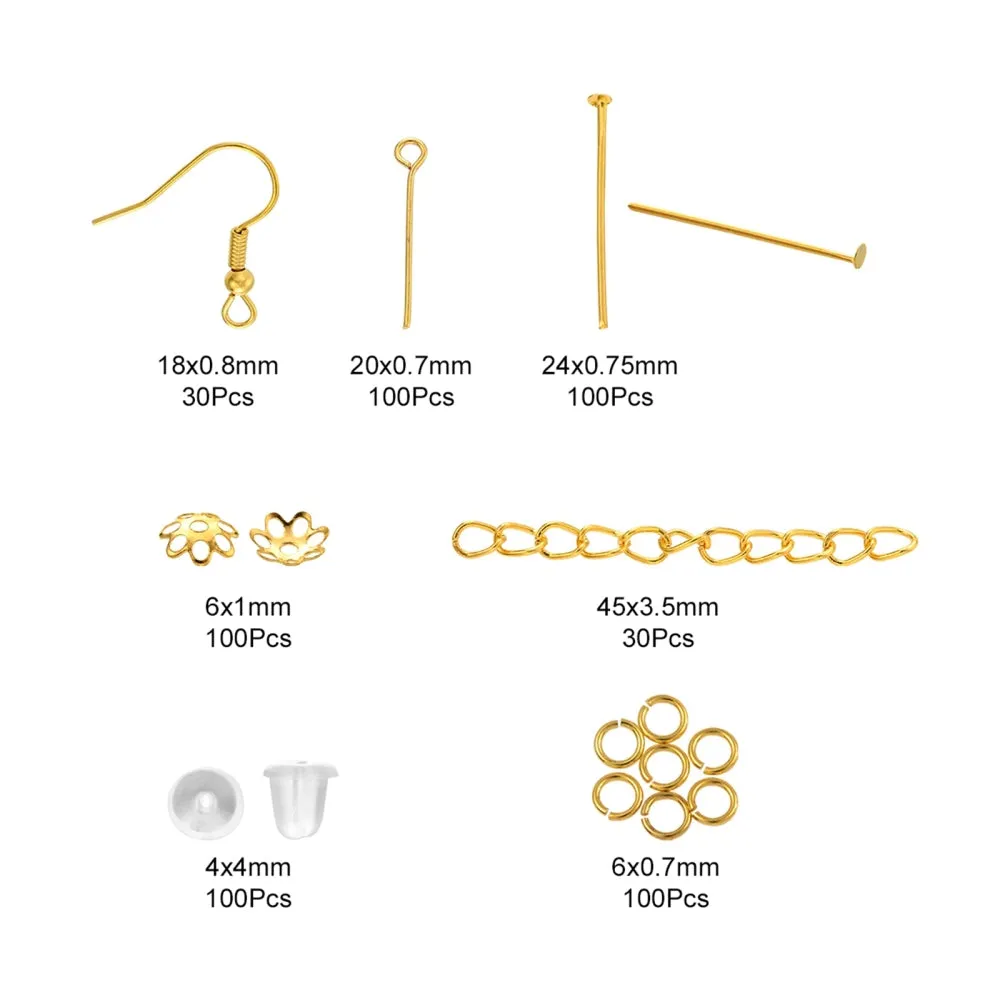 Earring Making Kit, Golden, Earring Hooks, Ear Nuts, Head & Eye Pins, Jump Rings, Bead Caps, Extender Chains