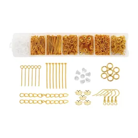 Earring Making Kit, Golden, Earring Hooks, Ear Nuts, Head & Eye Pins, Jump Rings, Bead Caps, Extender Chains