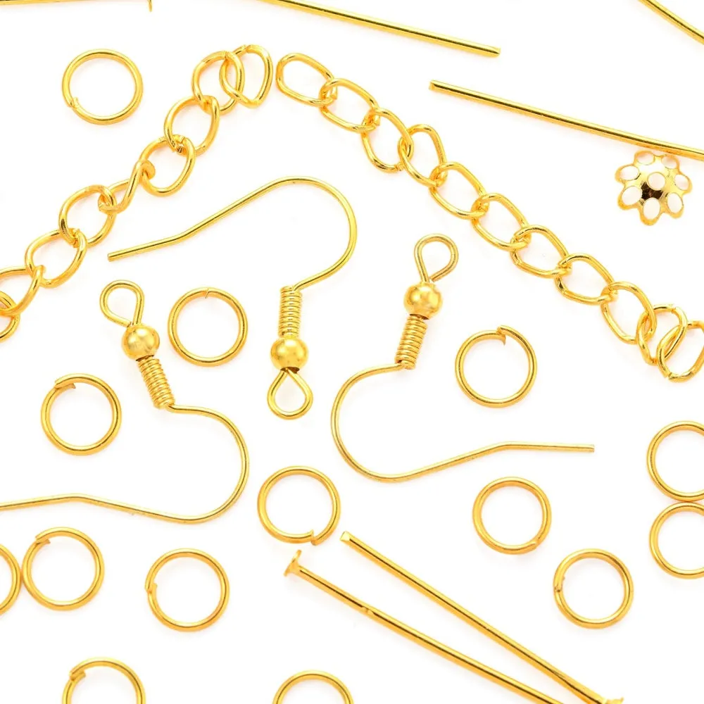 Earring Making Kit, Golden, Earring Hooks, Ear Nuts, Head & Eye Pins, Jump Rings, Bead Caps, Extender Chains