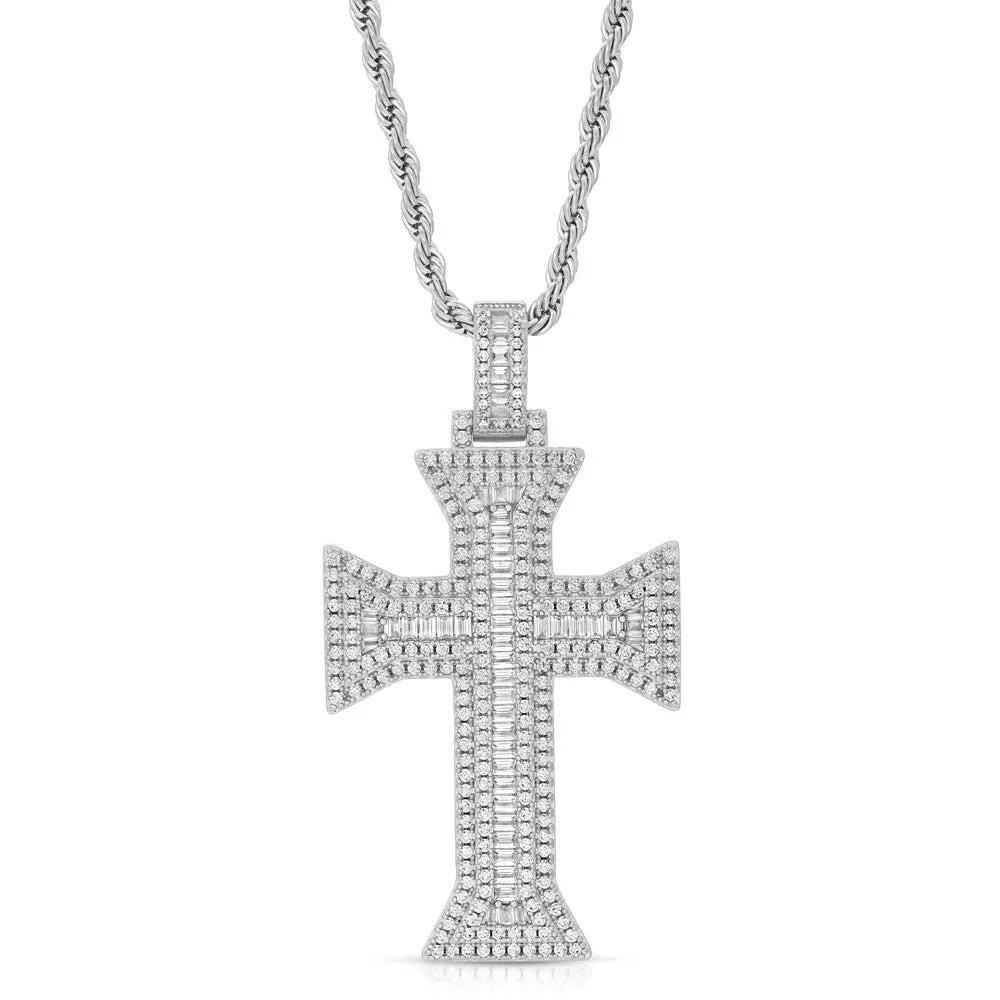 Emerald Cut Cross Necklace Pendant & Rope Chain