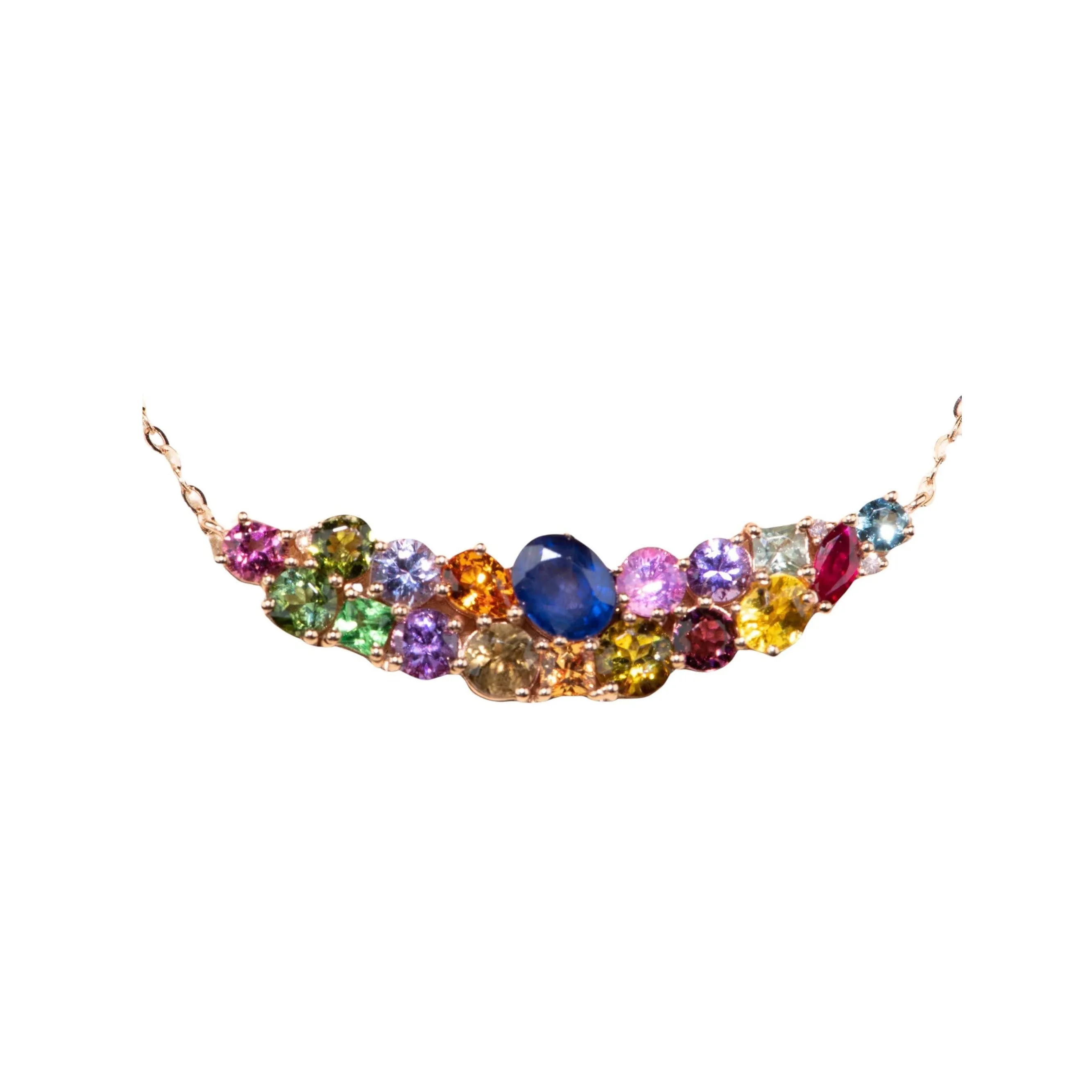 Fancy Sapphire Colorful Cluster Necklace 18K Rose Gold R4583