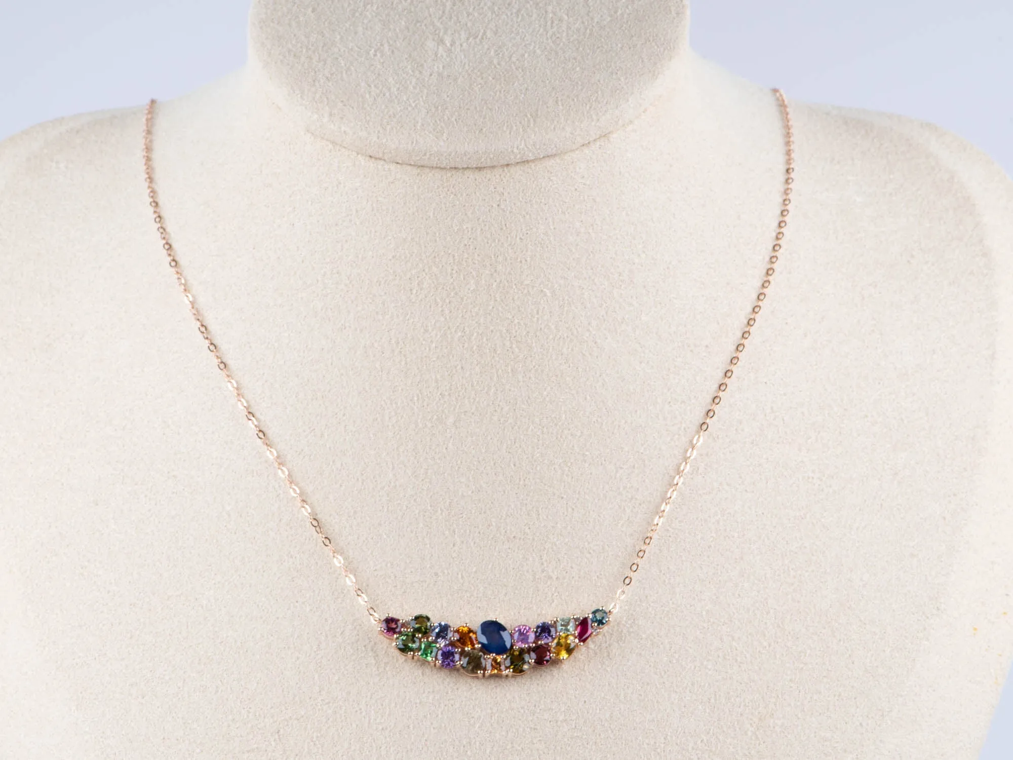 Fancy Sapphire Colorful Cluster Necklace 18K Rose Gold R4583