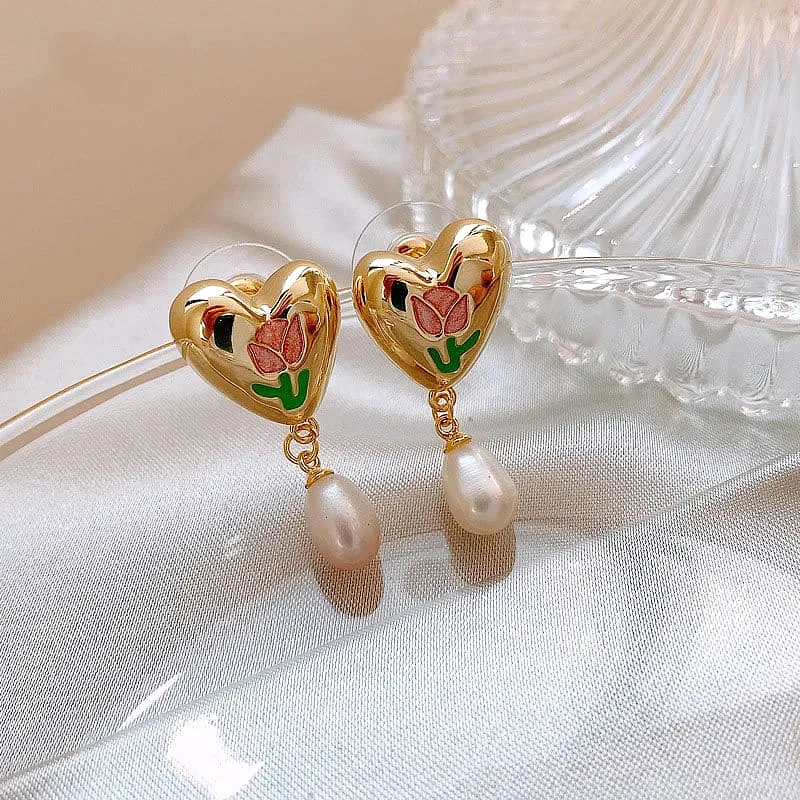 French Tulip Love-Heart Pearl Earrings MK18959