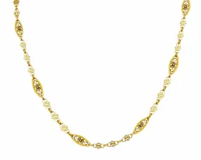 French Victorian 18 Karat Yellow Gold Whiplash Navette Link Antique Chain Necklace