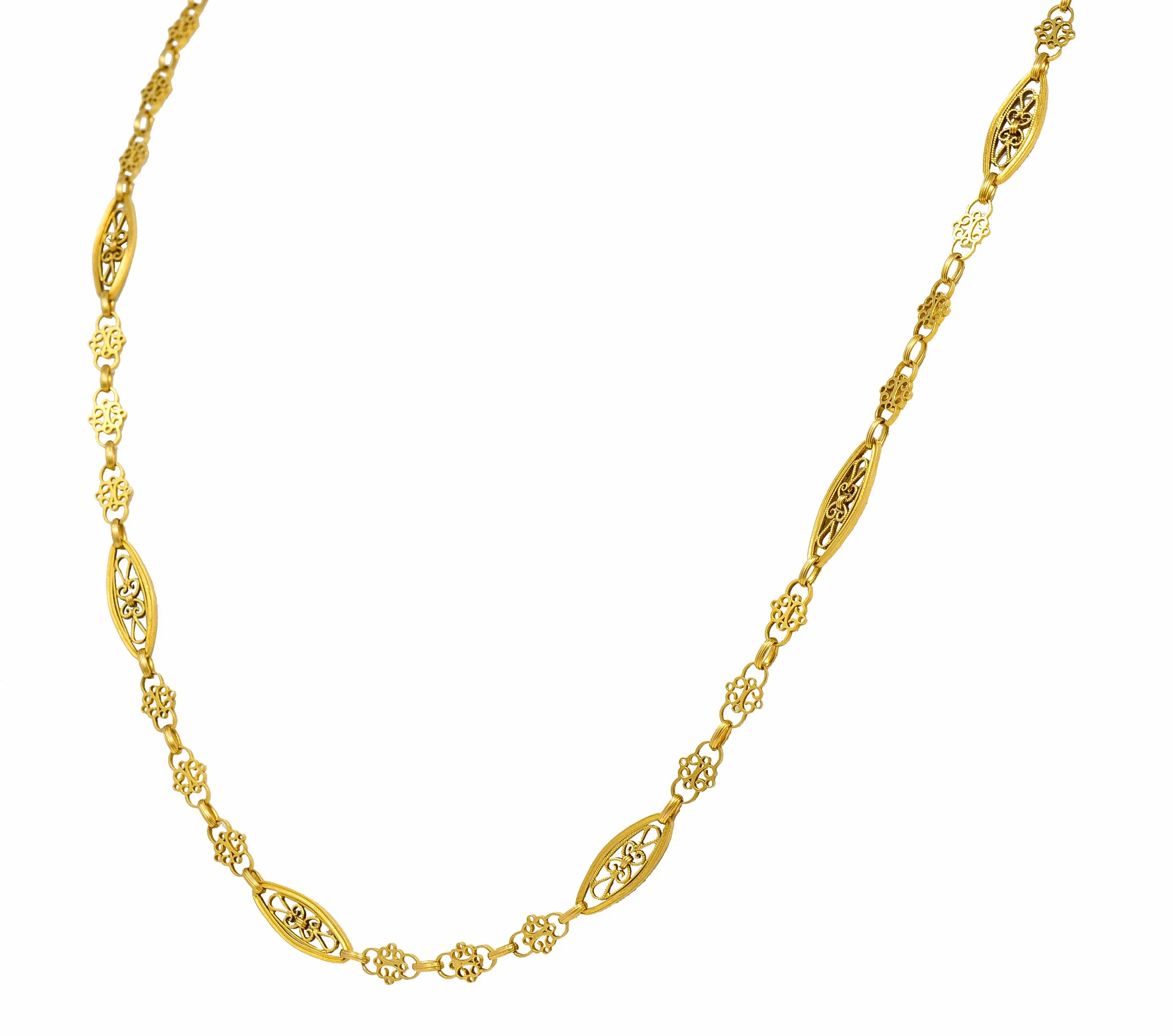 French Victorian 18 Karat Yellow Gold Whiplash Navette Link Antique Chain Necklace