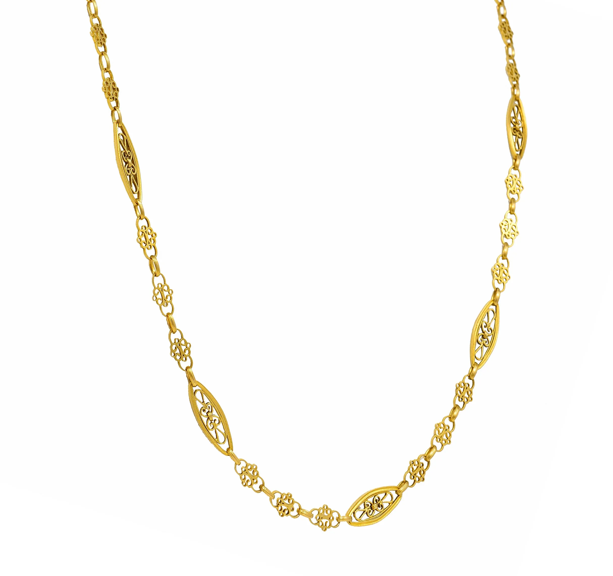 French Victorian 18 Karat Yellow Gold Whiplash Navette Link Antique Chain Necklace