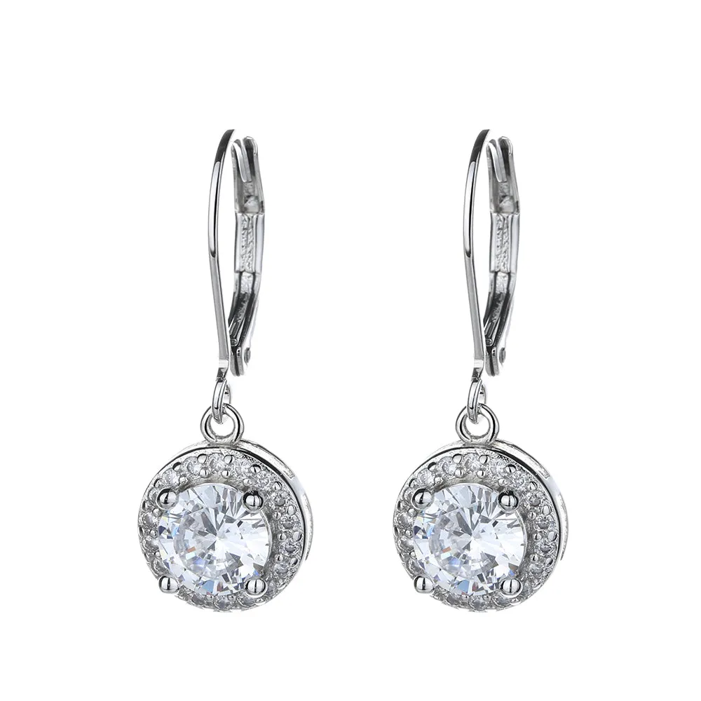 Genuine Crystal Halo Leverback Earrings in 18K White Gold