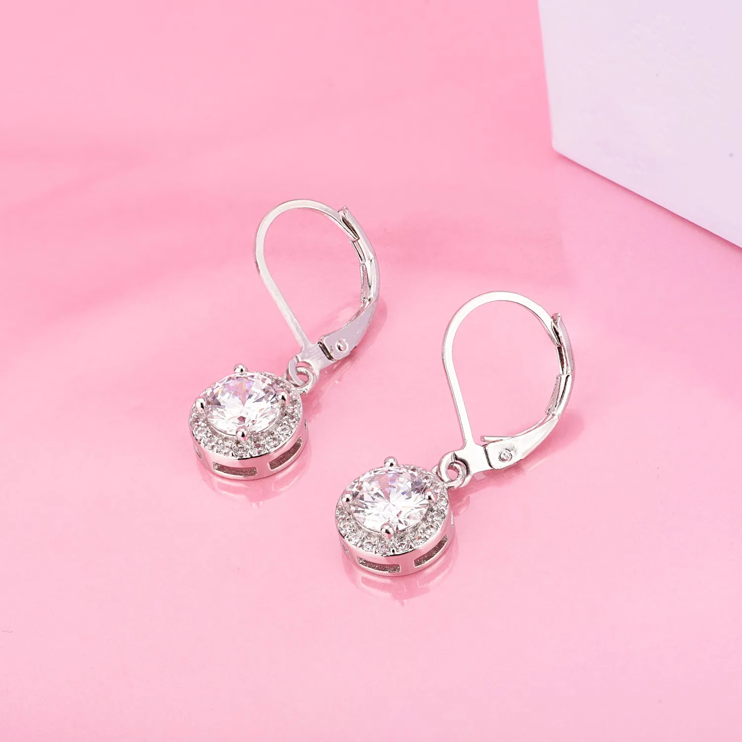 Genuine Crystal Halo Leverback Earrings in 18K White Gold