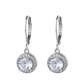 Genuine Crystal Halo Leverback Earrings in 18K White Gold