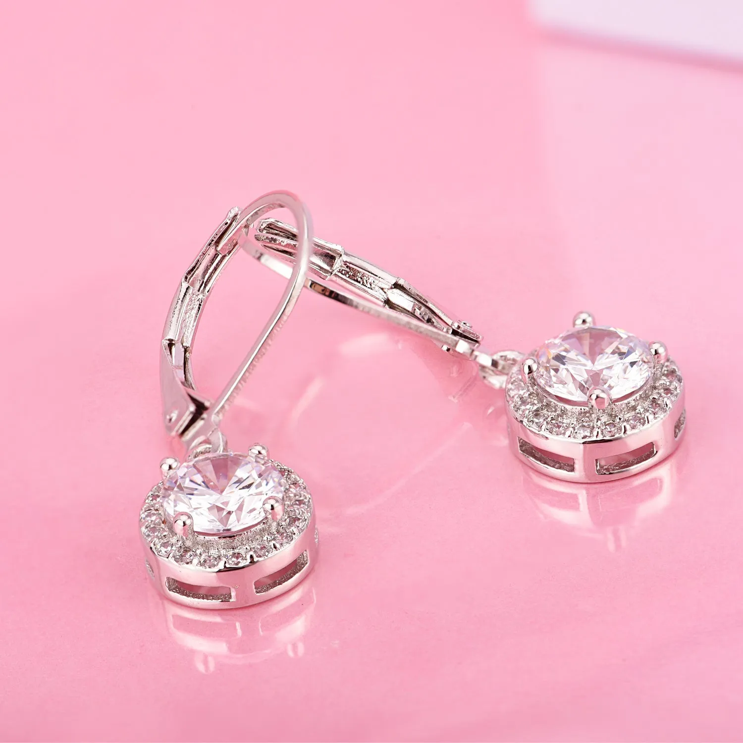 Genuine Crystal Halo Leverback Earrings in 18K White Gold