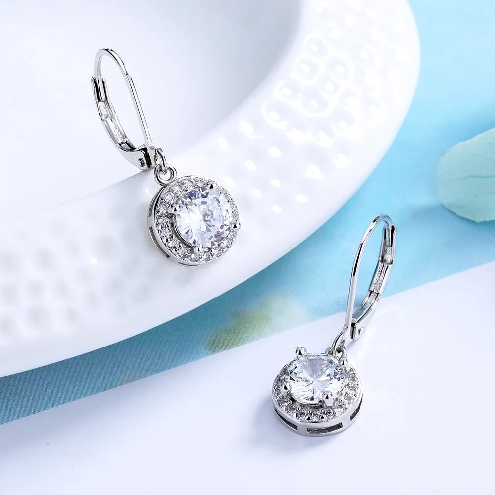 Genuine Crystal Halo Leverback Earrings in 18K White Gold