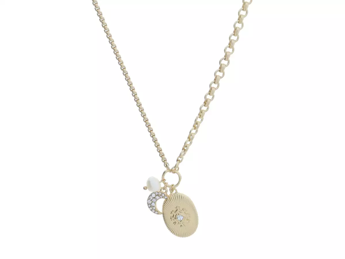 GOLD JUMP RING WITH PEARL, CRYSTAL CRESENT MOON, OVAL PENDANT WITH CRYSTAL ORNATE CENTER NECKLACE